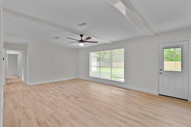 unfurnished living room featuring beamed ceiling, visible vents, a healthy amount of sunlight, and baseboards
