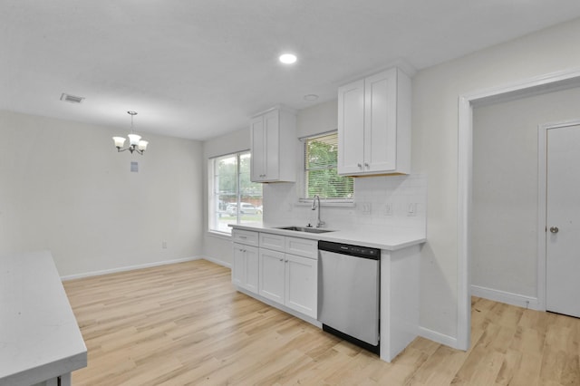 kitchen with visible vents, a sink, light wood finished floors, and dishwasher