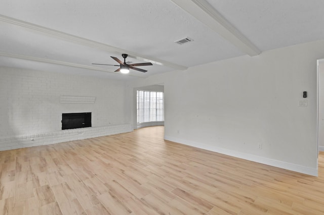 unfurnished living room with ceiling fan, visible vents, beam ceiling, baseboards, and light wood-style flooring