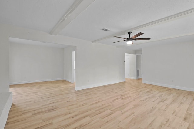 empty room with visible vents, light wood-style flooring, ceiling fan, and beam ceiling