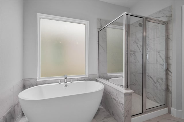 23415 Persimmon Creek Ln, Katy, TX 77493 - bathroom featuring a marble finish shower, a soaking tub, and marble finish floor