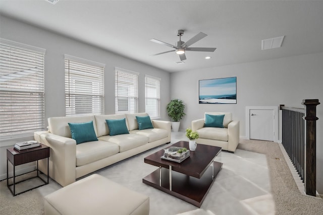 23415 Persimmon Creek Ln, Katy, TX 77493 - carpeted living area with baseboards, recessed lighting, ceiling fan, and visible vents