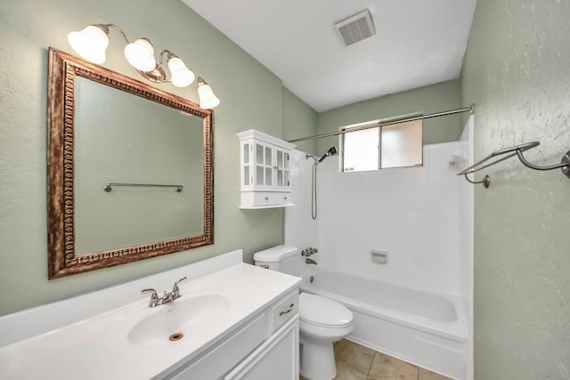 bathroom with vanity, shower / bathtub combination, toilet, tile patterned floors, and visible vents