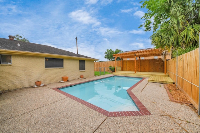 view of pool featuring a fenced backyard, a fenced in pool, a pergola, and a patio