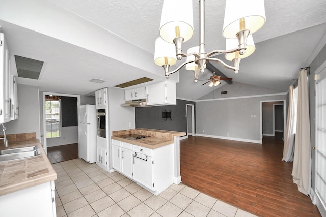 kitchen featuring black electric cooktop, a sink, light countertops, freestanding refrigerator, and stainless steel oven