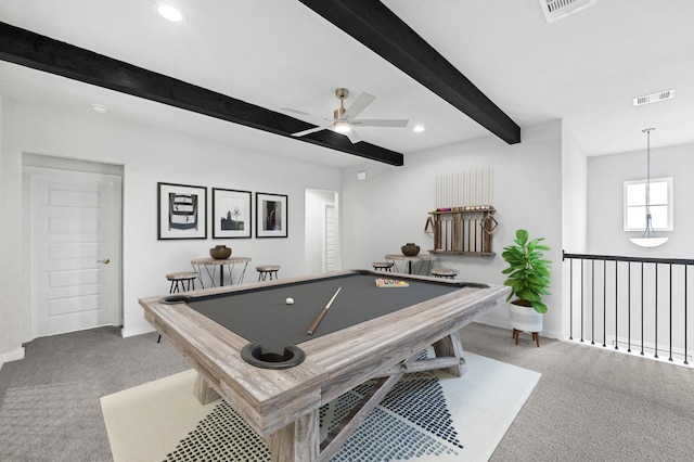 recreation room featuring carpet floors, baseboards, billiards, and beam ceiling