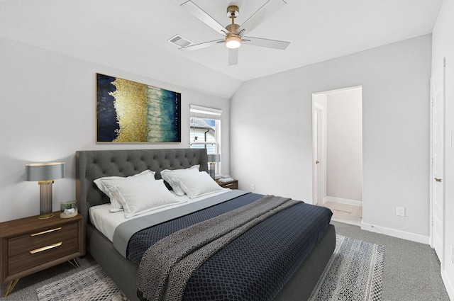 carpeted bedroom with visible vents, baseboards, ceiling fan, and lofted ceiling