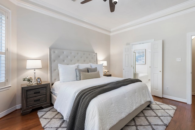 bedroom featuring a ceiling fan, baseboards, connected bathroom, ornamental molding, and dark wood-type flooring