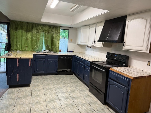 kitchen featuring a sink, white cabinetry, black appliances, and range hood
