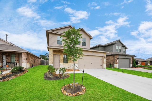 22619 Goose Pasture Ln, Spring, TX 77373 - view of front of home featuring an attached garage, driveway, a front lawn, and board and batten siding