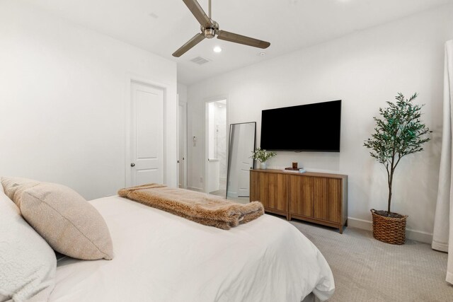 bedroom with a ceiling fan, light colored carpet, visible vents, baseboards, and recessed lighting