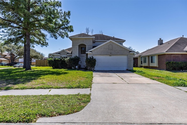 traditional-style home featuring concrete driveway, brick siding, an attached garage, and a front yard