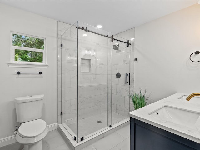 5225 Main St, Santa Fe, TX 77510 - bathroom with a sink, toilet, tile patterned floors, baseboards, and a shower stall