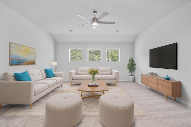 1904 Golden Spruce Ln, Conroe, TX 77301 - living room featuring visible vents, baseboards, ceiling fan, and lofted ceiling