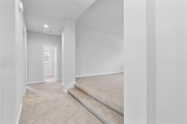 1904 Golden Spruce Ln, Conroe, TX 77301 - hall with baseboards, attic access, carpet, and recessed lighting