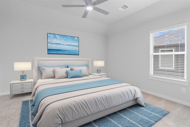 1904 Golden Spruce Ln, Conroe, TX 77301 - bedroom with visible vents, a ceiling fan, lofted ceiling, baseboards, and carpet flooring