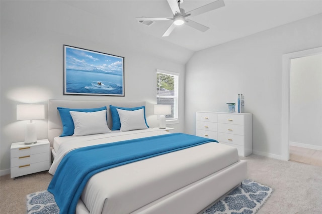 1904 Golden Spruce Ln, Conroe, TX 77301 - bedroom with ceiling fan, carpet floors, baseboards, lofted ceiling, and visible vents
