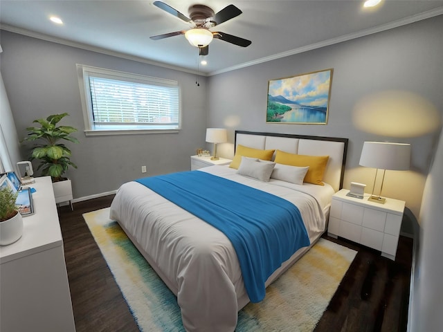 bedroom featuring crown molding, ceiling fan, recessed lighting, baseboards, and wood finished floors