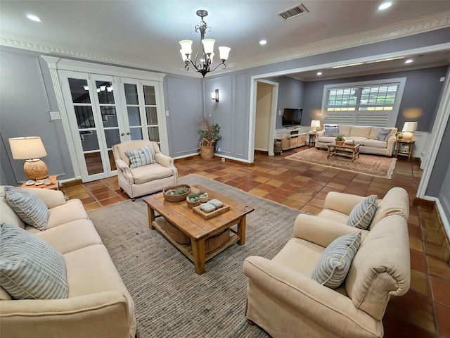 living room with french doors, visible vents, tile patterned floors, baseboards, and an inviting chandelier