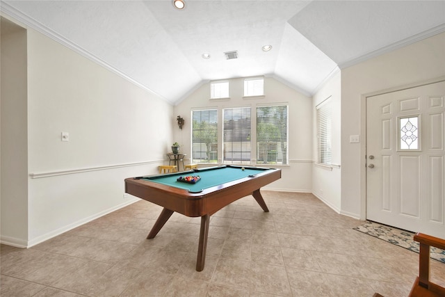 recreation room with crown molding, light tile patterned flooring, baseboards, billiards, and vaulted ceiling