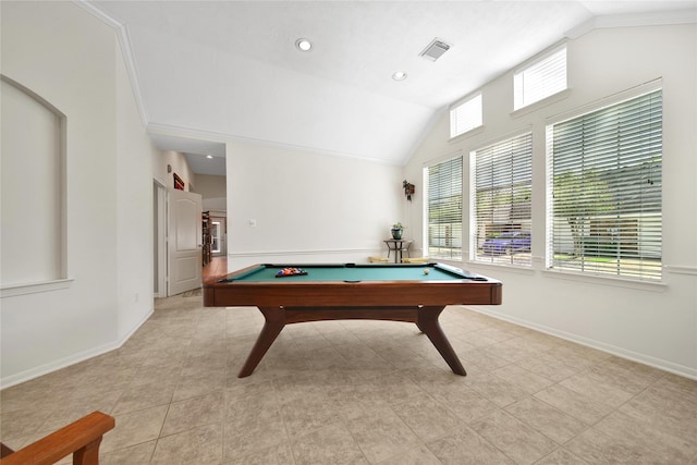 rec room with baseboards, vaulted ceiling, billiards, and visible vents