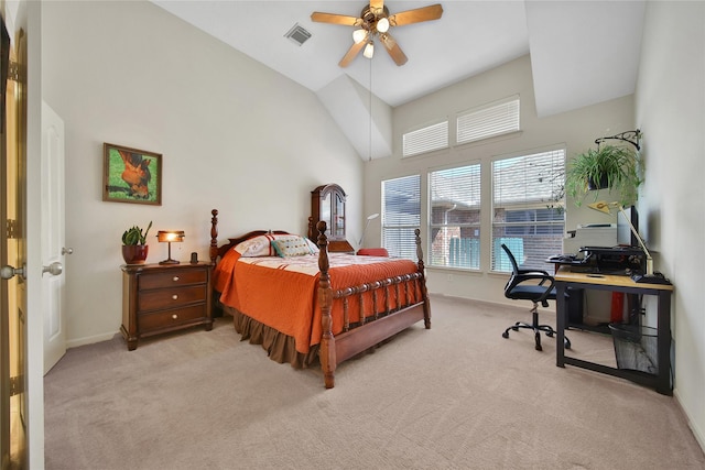 bedroom featuring visible vents, a towering ceiling, baseboards, light colored carpet, and a ceiling fan