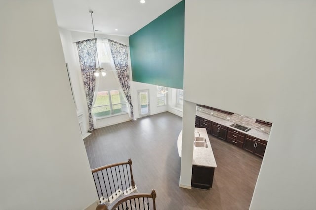 23 Castello Ln, Missouri City, TX 77459 - interior space with recessed lighting, a ceiling fan, dark wood-style floors, and a towering ceiling