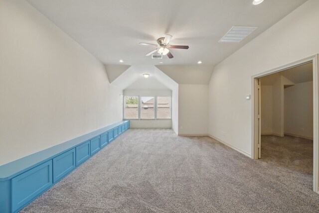 23 Castello Ln, Missouri City, TX 77459 - additional living space featuring a ceiling fan, visible vents, light colored carpet, vaulted ceiling, and recessed lighting