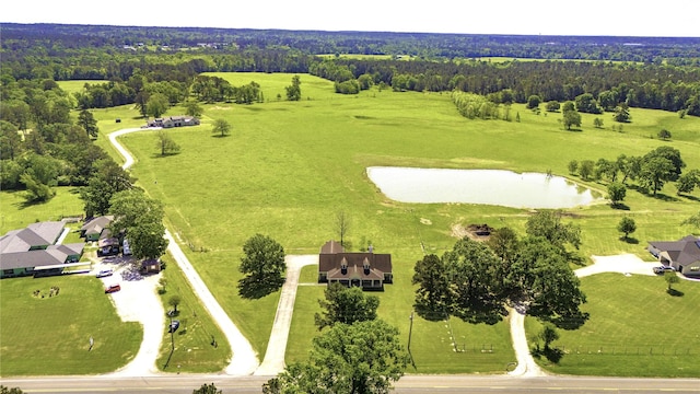aerial view featuring a water view and a rural view