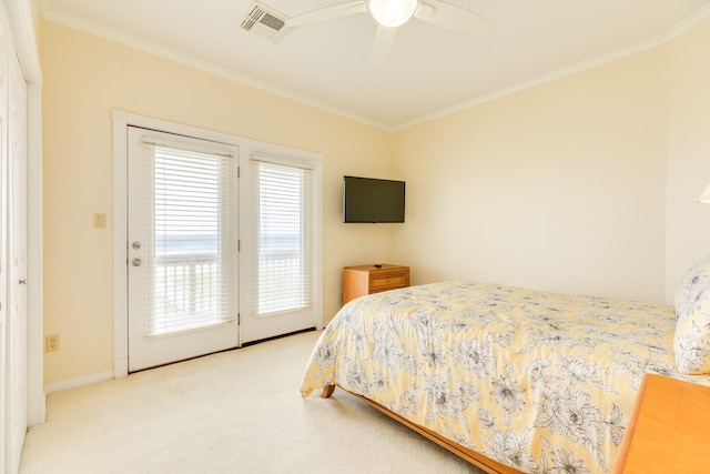 2330 Blue Water Hwy, Surfside Beach, TX 77541 - bedroom featuring carpet flooring, visible vents, ornamental molding, and access to exterior
