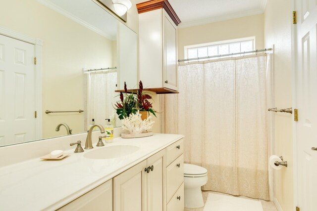 2330 Blue Water Hwy, Surfside Beach, TX 77541 - full bathroom featuring crown molding, tile patterned flooring, vanity, toilet, and shower / bath combo with shower curtain