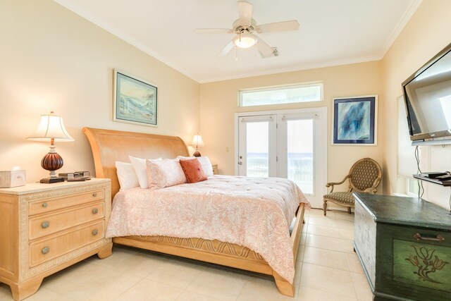 2330 Blue Water Hwy, Surfside Beach, TX 77541 - bedroom featuring access to outside, crown molding, light tile patterned flooring, and visible vents