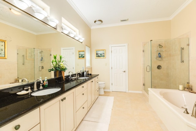 2330 Blue Water Hwy, Surfside Beach, TX 77541 - full bathroom featuring a sink, a bath, a shower stall, and ornamental molding