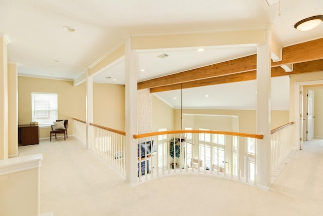 2330 Blue Water Hwy, Surfside Beach, TX 77541 - hall with carpet floors, attic access, recessed lighting, and beam ceiling