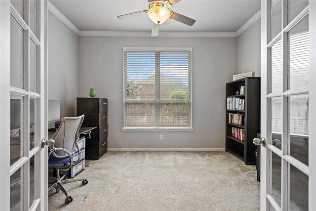 office area featuring crown molding, carpet floors, and french doors