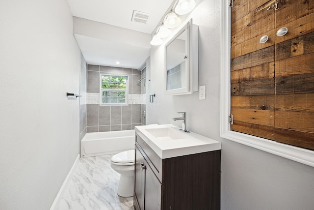 full bath featuring visible vents, vanity, toilet, marble finish floor, and shower / bathtub combination