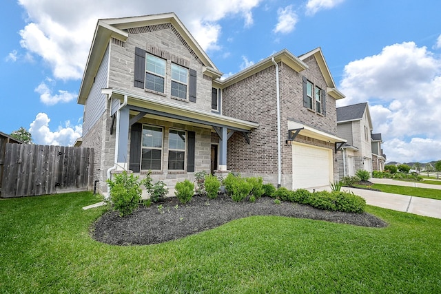 view of front of home with fence, an attached garage, stone siding, a front yard, and concrete driveway