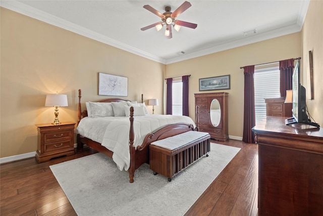 17714 W Copper Lakes Dr, Houston, TX 77095 - bedroom with visible vents, ornamental molding, baseboards, ceiling fan, and dark wood finished floors