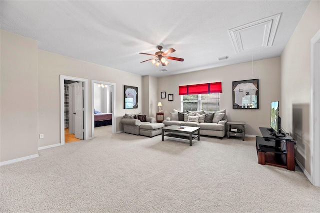 17714 W Copper Lakes Dr, Houston, TX 77095 - living area with ceiling fan, carpet, attic access, baseboards, and visible vents