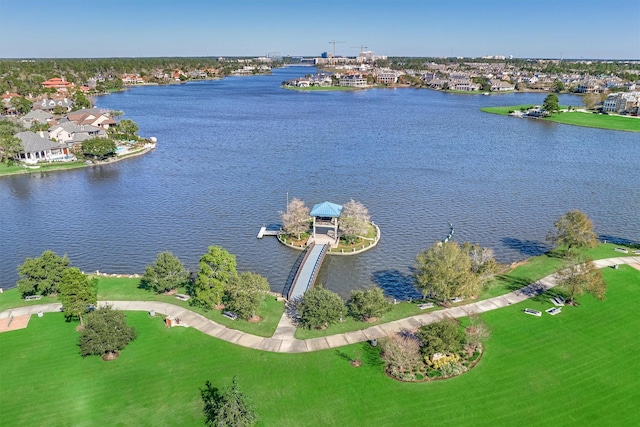 bird's eye view with a water view