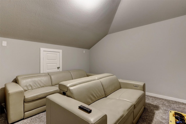 4910 Magnolia Springs Dr, Pearland, TX 77584 - cinema featuring carpet floors, a textured ceiling, baseboards, and lofted ceiling