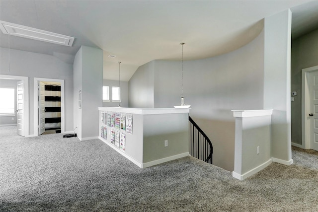4910 Magnolia Springs Dr, Pearland, TX 77584 - hall featuring baseboards, an upstairs landing, carpet, and attic access
