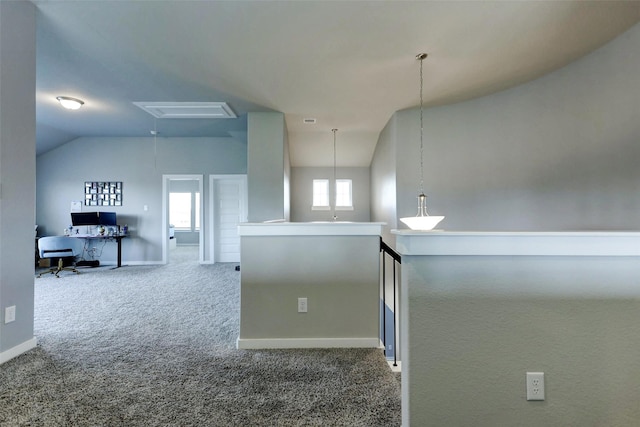 4910 Magnolia Springs Dr, Pearland, TX 77584 - hallway with baseboards, carpet, vaulted ceiling, and attic access