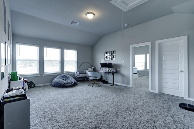 4910 Magnolia Springs Dr, Pearland, TX 77584 - home office featuring carpet floors, attic access, visible vents, and vaulted ceiling