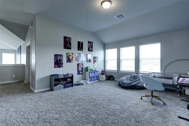 4910 Magnolia Springs Dr, Pearland, TX 77584 - interior space featuring baseboards, plenty of natural light, vaulted ceiling, and visible vents