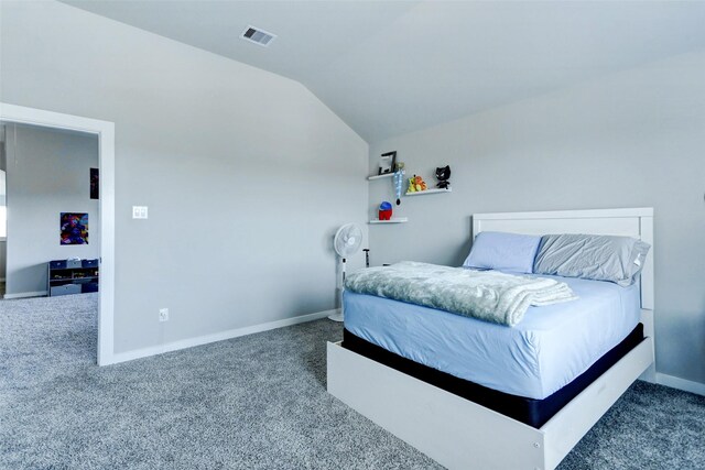 4910 Magnolia Springs Dr, Pearland, TX 77584 - bedroom with carpet floors, baseboards, visible vents, and lofted ceiling