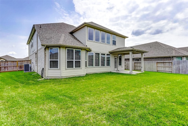 4910 Magnolia Springs Dr, Pearland, TX 77584 - rear view of property featuring a fenced backyard, a patio area, a yard, and cooling unit