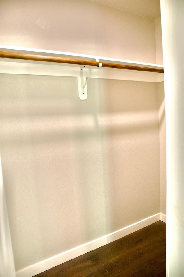 walk in closet with dark wood-type flooring