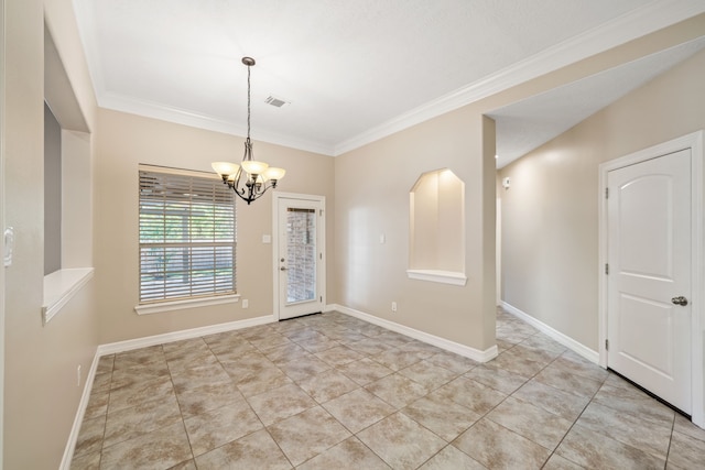 spare room with crown molding, visible vents, baseboards, tile patterned floors, and a chandelier