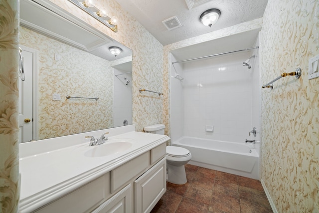 full bathroom with visible vents, vanity, shower / bathtub combination, toilet, and wallpapered walls